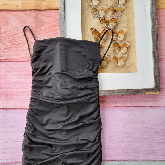 Princess Polly Black Absent Ruched Criss Cross Back Bodycon Stretch Mini Dress 4 - Picture 4 of 6